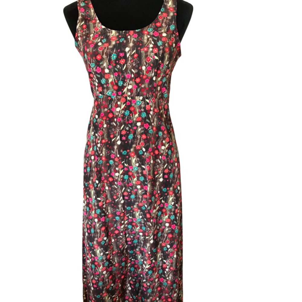 Vintage Ultimate Blues Sleeveless Maxi Dress, Brown Red Floral Print Size Small
